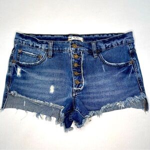 Free People | Medium Wash Distressed Button Fly Denim Jean Shorts | Size 27